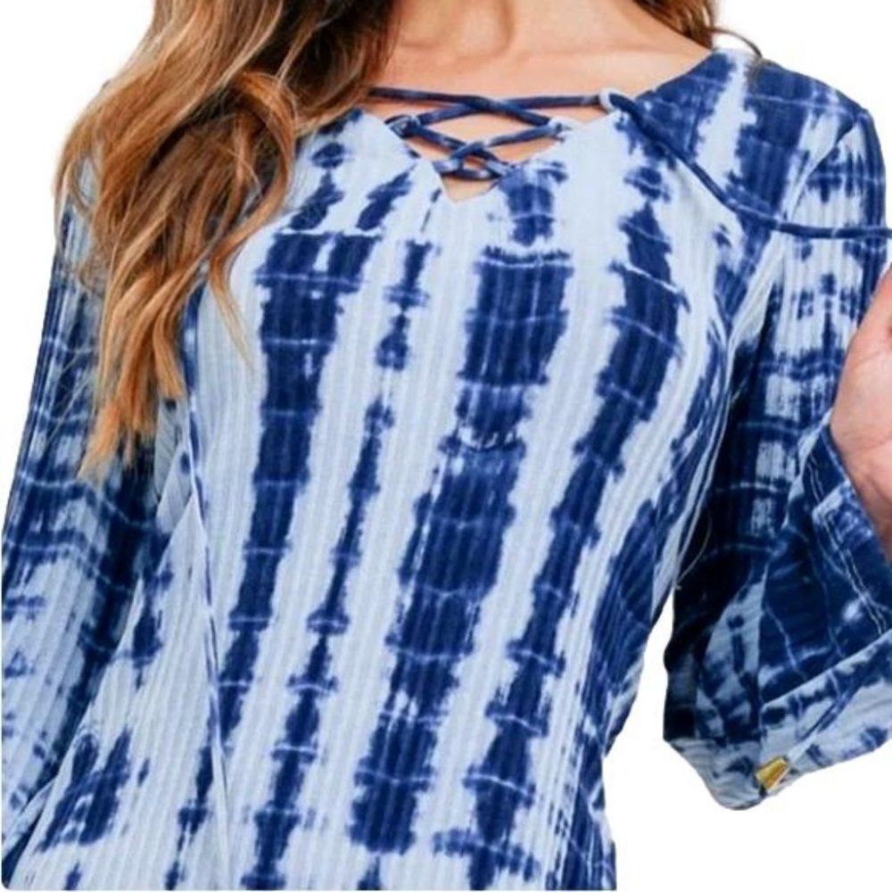 Retro Blue Tie-Dye Shift Dress ~ Boho Bell Sleeves ~ Round Neck ~ NEW IN PACKAGE - Picture 5 of 10